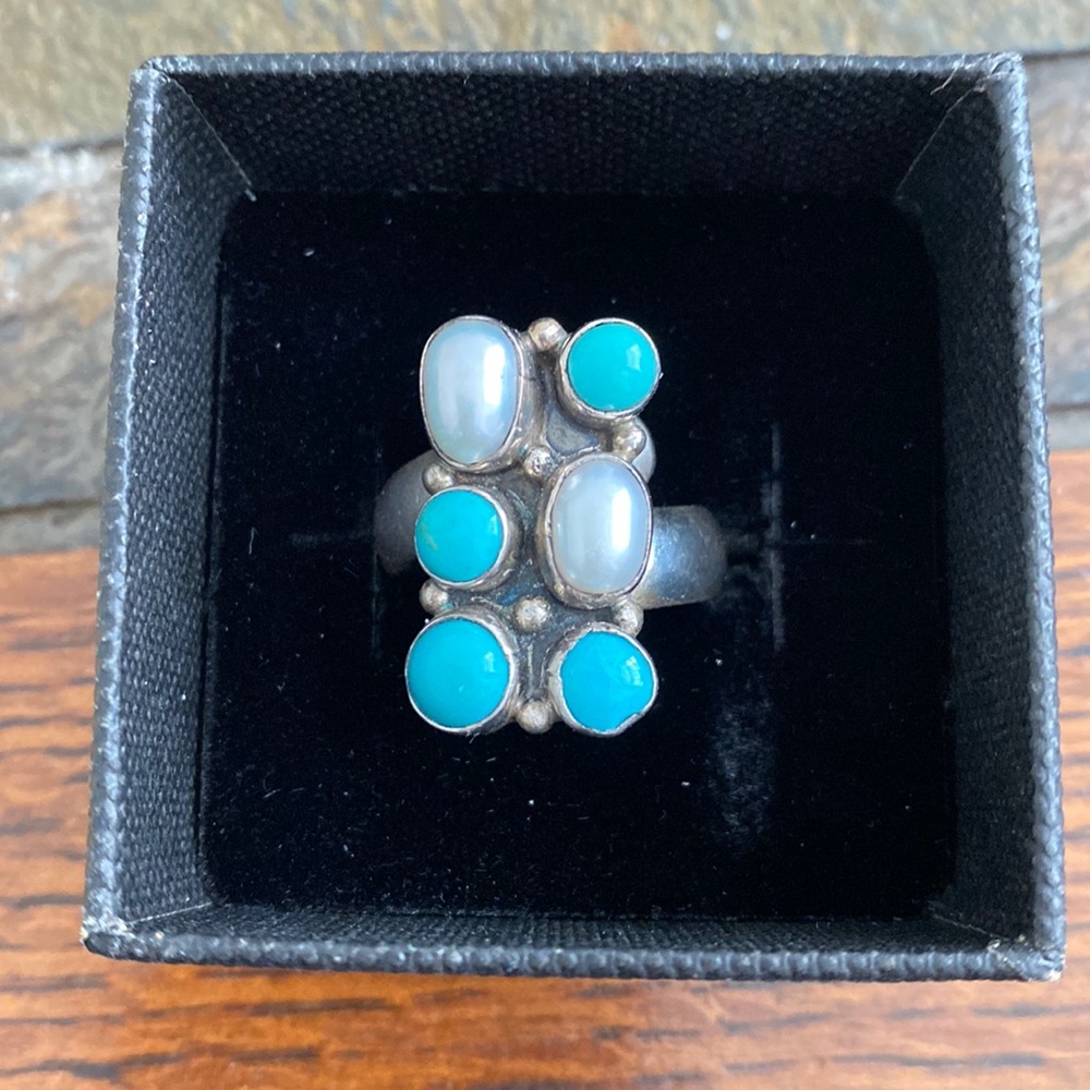 TURQUOISE AND PEARLS- cultured pearls- with think STERLING Silver band & setting